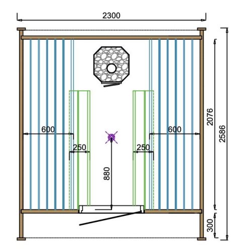 Venkovní sauna Tolva-smrk - Šířka objektu: 230 cm, Hloubka objektu: 480 cm
